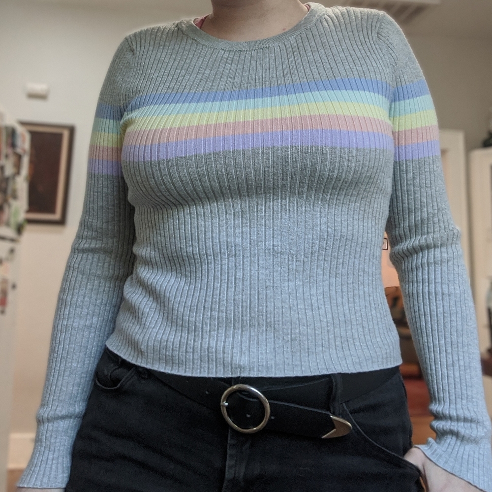 Hooked Up by I.O.T. Gray Rainbow Sweater Sz M/L